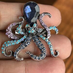 Elegant Octopus Brooch with Blue and Purple Crystals